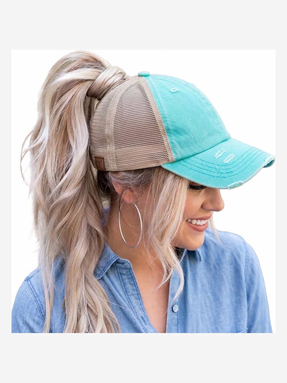 Criss Cross Ponytail Cap, Messy Bun | Beige Mesh, Mint (Distressed) | Size OS